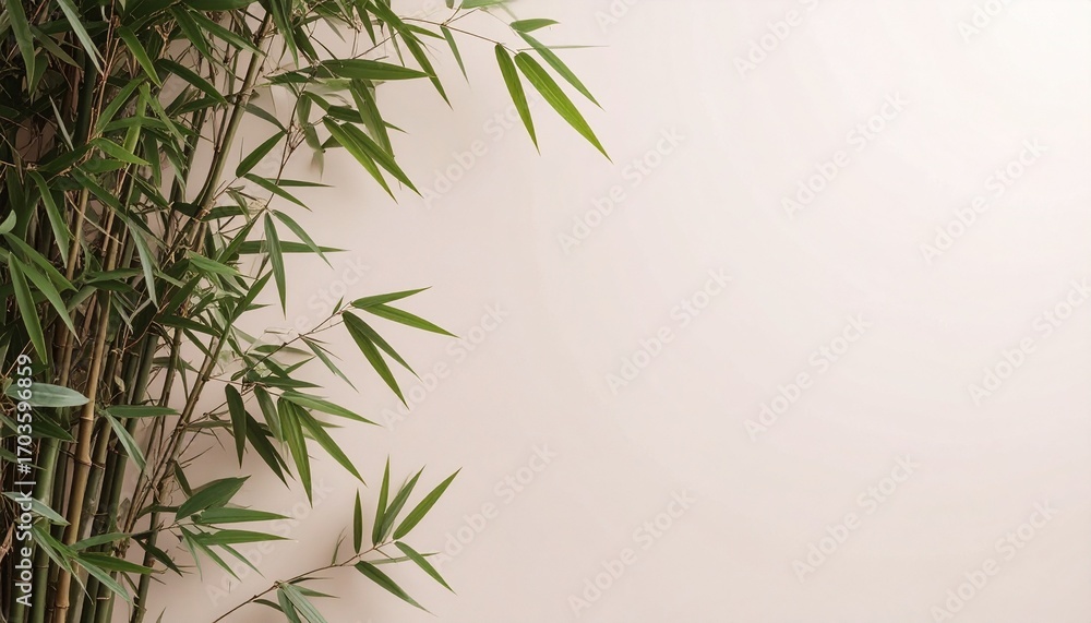 Pastel pink background with copyspace and green bamboo leaves aside, plant shadows on the wall. Pastel pink background with copyspace and green bamboo leaves aside, plant shadows on the wall.
