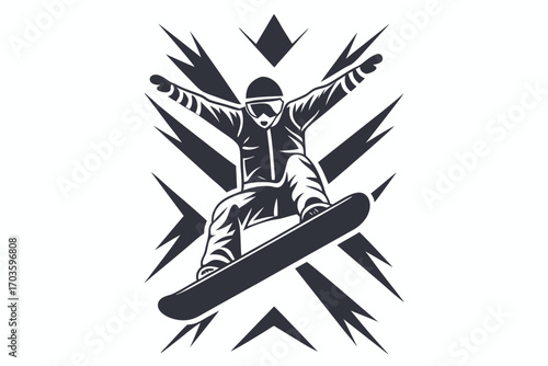 Bold snowboarder wearing a helmet expertly rides the board while striking a cool pose