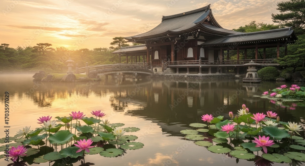 Obraz premium Serene Japanese Garden at Sunrise with Temple and Lotus Flowers