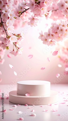 Pink Cherry Blossom Branches and Petals with White Display Stand on White Background