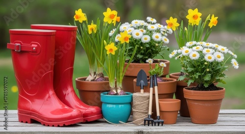 Fototapeta Naklejka Na Ścianę i Meble -  Vibrant red boots and potted flowers signal spring gardening season beginning