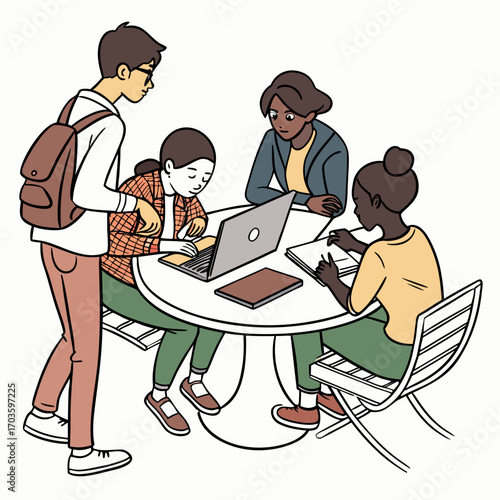 Diverse group of students collaborating on a project using a laptop and notebooks at an outdoor table