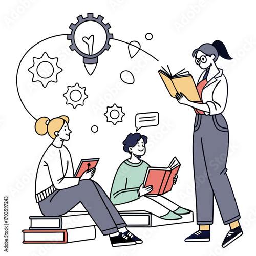 Diverse group of people engaged in learning and sharing ideas represented by books and a lightbulb