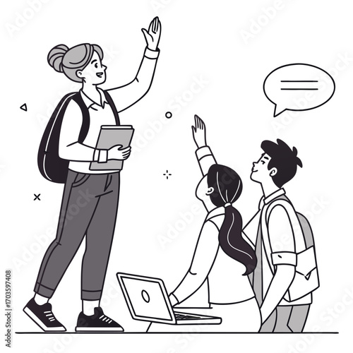 Teacher or student leader interacting with diverse young learners in a classroom setting with a laptop and speech bubble
