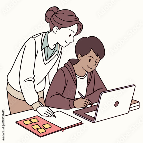 A supportive teacher or mentor guides a student using a laptop and notebook for learning and education