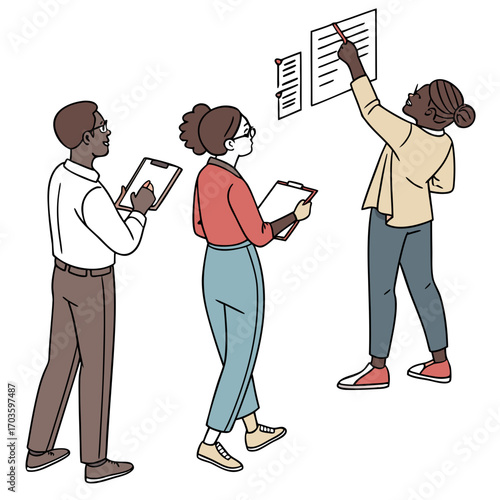 Diverse team of three professionals collaborating on a project reviewing notes on a whiteboard