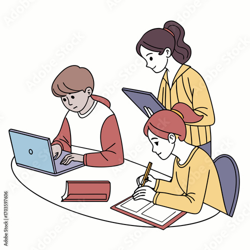 Diverse group of students collaborating on a project using laptops and tablets in a modern classroom setting