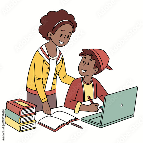 A smiling mother or teacher helps a young boy with his homework at a desk with books and a laptop