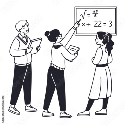 Teacher explaining a mathematical equation on a whiteboard to attentive students in a classroom setting