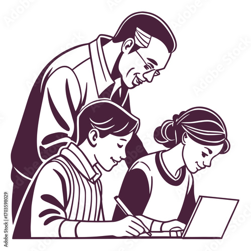A smiling teacher or parent guides two children a boy and a girl as they learn and work on a laptop and notebook