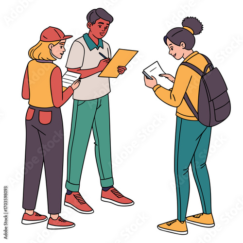 Diverse group of young people collaborating and taking notes during an outdoor survey or educational activity