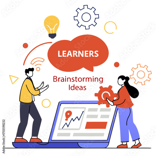 Diverse learners collaborating and brainstorming innovative ideas together using technology and creative thinking for success