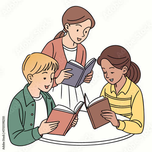 A teacher and two children happily reading books together around a table promoting literacy and learning