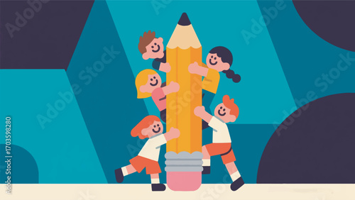 illustration of a group of children holding large pencils vector design template