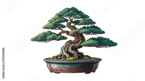 Artistic Illustration of a Twisted Bonsai Tree in a Blue Ceramic Pot plant nature