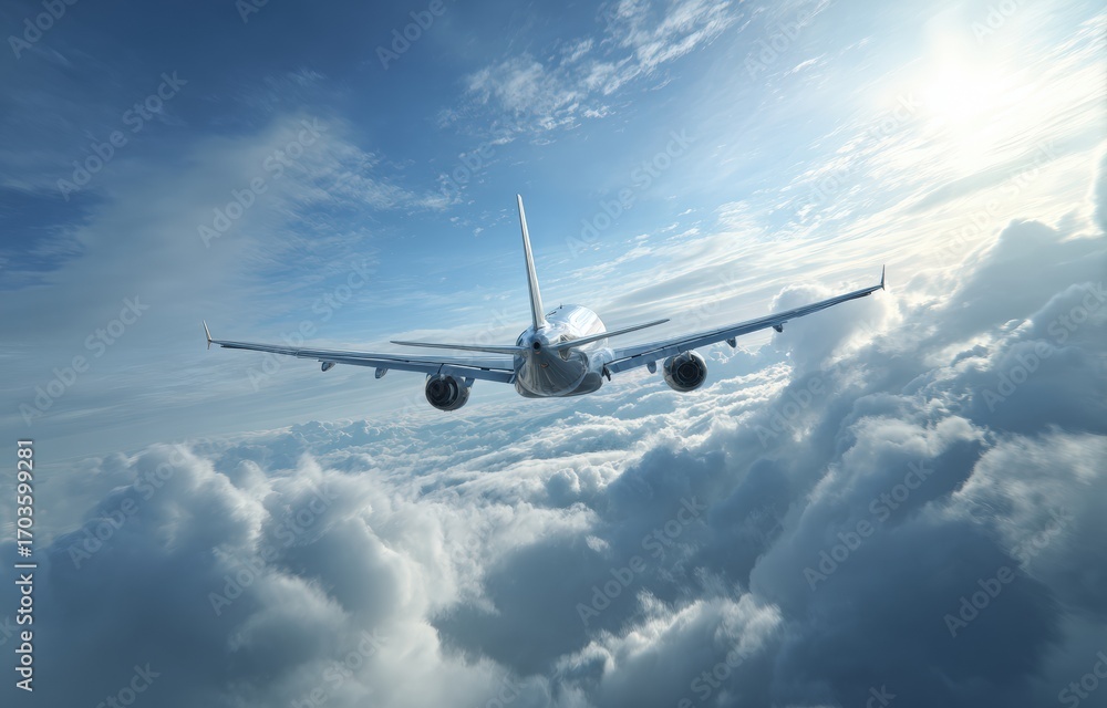 Fototapeta premium Airplane soaring through fluffy clouds