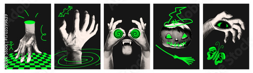 Creepy surreal Halloween illustrations with neon green elements. Gothic horror hands, pumpkin and spooky symbols in modern graphic style