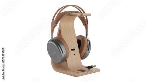 Brown Leather Headphones on Natural Wood Stand with USB Port and Cable headset audio