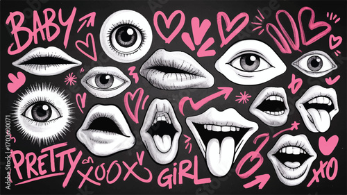 Chalkboard Doodle Collection of Lips Eyes Hearts Arrows and Text Baby Pretty Girl XO mouth love