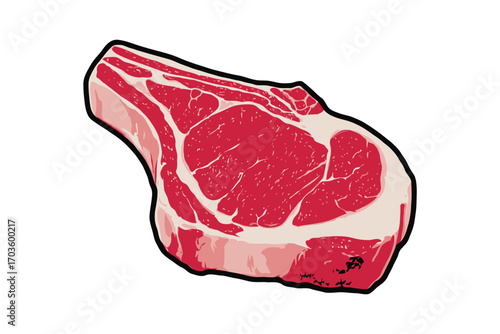 Raw ribeye steak with bone shown in bold cartoon style illustration on white background, representing fresh meat, protein, and cooking concept