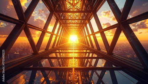 Steel Structure Ascending Toward Sunset Abstract Perspective Modern Architecture Urban Landscape Hopeful Aspiration