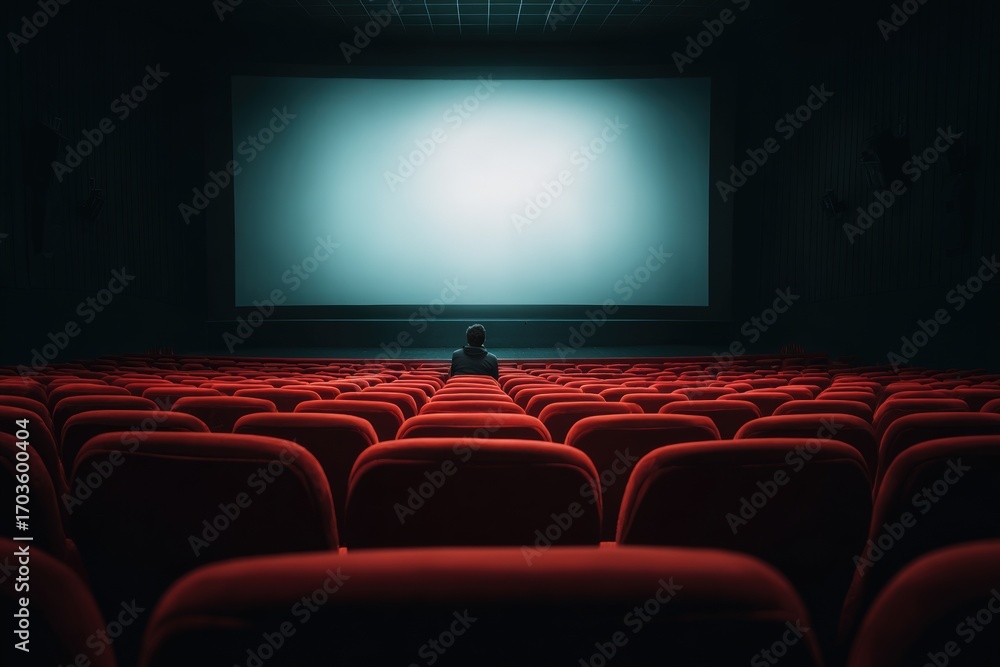 Fototapeta premium Empty movie theater. A single person sits alone in a large auditorium