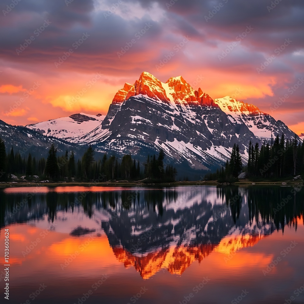 Fototapeta premium Sunset glow on snowy mountain peak