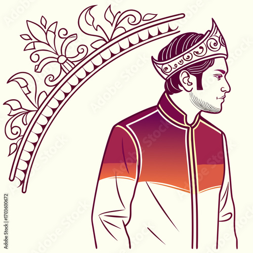 A regal man with a crown stands beside an ornate archway design