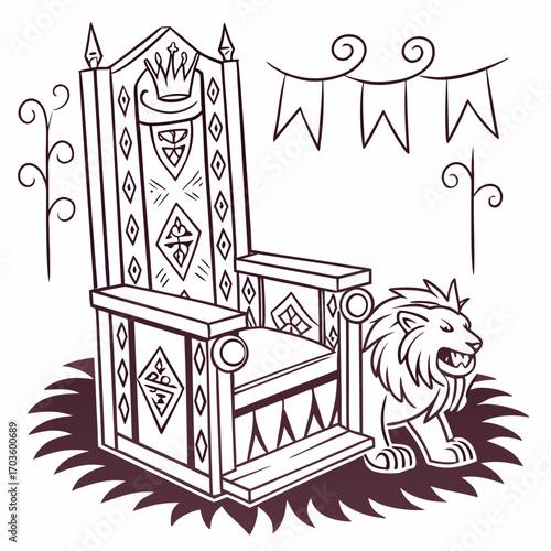 A lion is standing near a throne with a crown