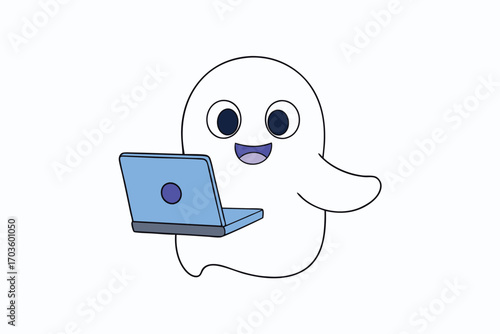 Adorable cartoon ghost holding a laptop and working online with a humorous and whimsical expression vector