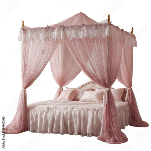 Elegant, four-poster bed with sheer, blush pink canopy