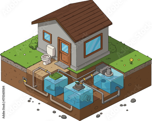 Isometric home sewage system, underground wastewater treatment, septic tank plumbing, residential sanitation, eco-friendly water recycling, vector illustration for infrastructure design