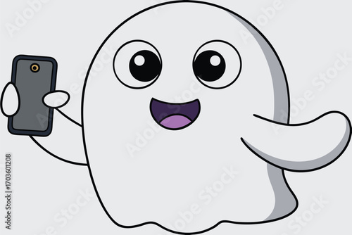 Adorable cartoon ghost character joyfully capturing a selfie with a modern smartphone for social media fun vector