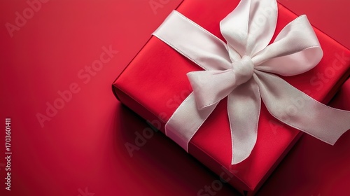 Red gift box with white ribbon and bow, centered product shot on clean background.
