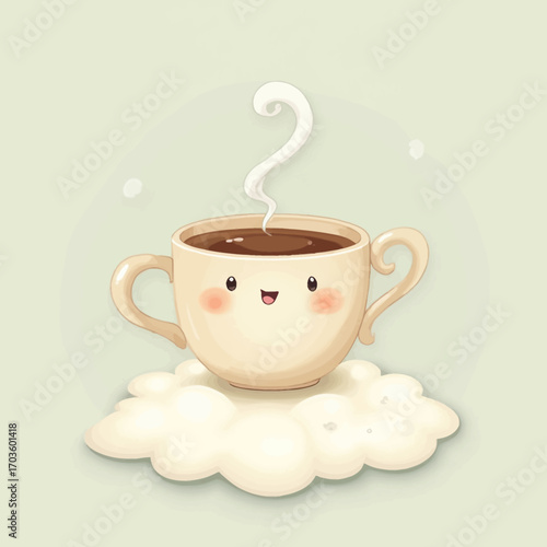Cute cartoon coffee cup floating on a cloud, steaming hot.