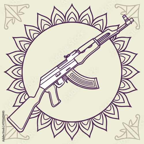 Illustration of an ak47 assault rifle with a floral mandala background