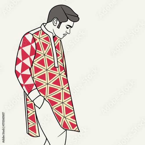 Man wearing a red kurta with geometric patterns