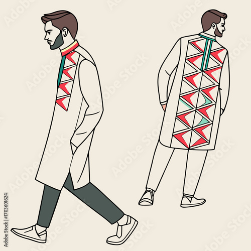 Man wearing a white kurta with geometric patterns