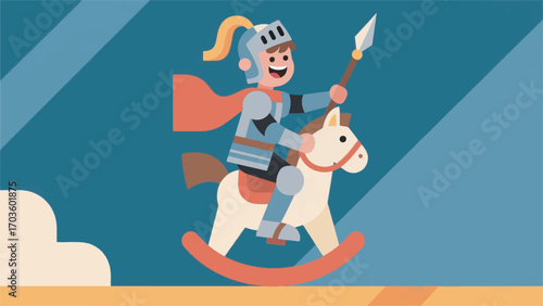 illustration of a boy playing rocking horse while carrying a spear vector design template