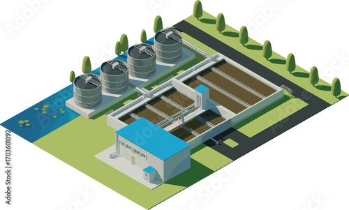 Isometric water treatment facility illustration, wastewater recycling plant, industrial sewage purification tanks, clean water infrastructure system, eco-friendly design