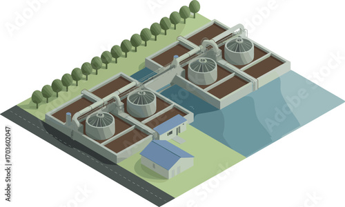 Isometric water treatment facility illustration, wastewater recycling plant, industrial sewage purification tanks, clean water infrastructure system, eco-friendly design