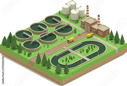 Modern wastewater treatment plant, city sewage system infrastructure, isometric environmental facility, water purification station, clean water recycling process
