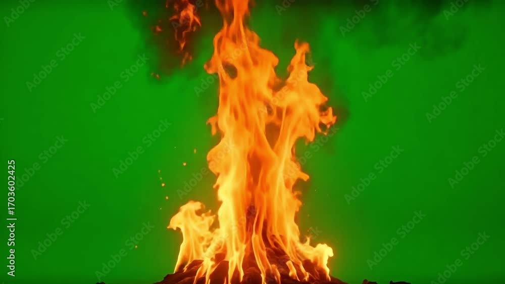 Intense orange flames erupt and dance against a vibrant green screen background, symbolizing energy and heat.