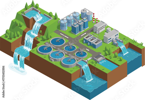 Modern water treatment plant illustration, clean water process, filtration system, industrial wastewater management, environmental engineering, eco-friendly water purification technology
