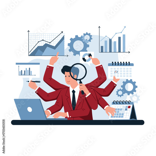 Multitasking businessman with many hands working on laptop and analyzing charts