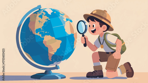 illustration of a boy exploring the globe using a magnifying glass vector design template