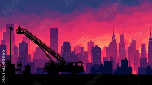 Cityscape at Sunset With Firefighter on Ladder Truck Overlooking New York City, Silhouetted Against Vibrant Sky