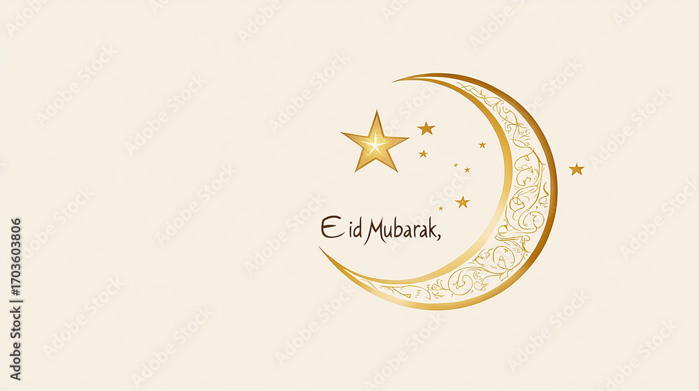 Obraz premium Eid mubarak greeting card with gold moon star and floral pattern on a light background design vector art