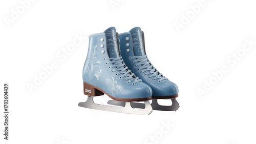 Pair of Light Blue Ice Skates with Intricate White Floral Engraving figure skates ice skating