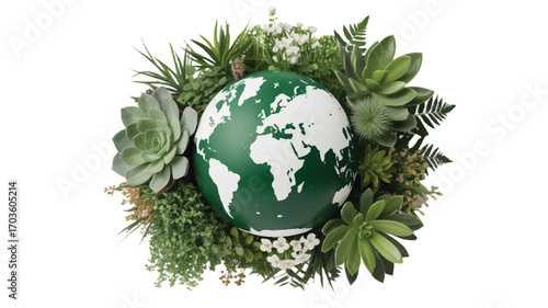Green Earth Globe Surrounded by Lush Green Plants and Succulents on White Background planet world